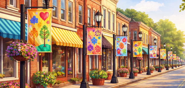 image small downtown buildings with banners on the lightposts